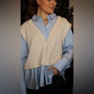 Anthropologie Light Blue Shirt with Cream Vest